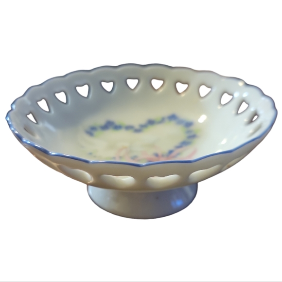 Vtg Reutter Porzellan Germany Hearts Bird Flowers Porcelain Footed Trinket Dish - Picture 3 of 4